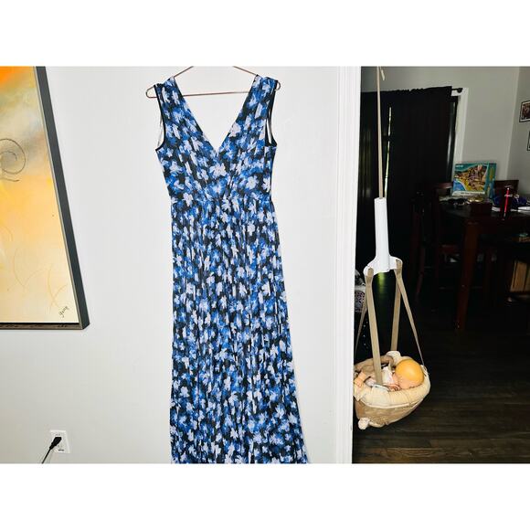ML MONIQUE LHUILLIER Blue Black Melanie V-Neck Maxi Chiffon Dress size 6 - Picture 2 of 11